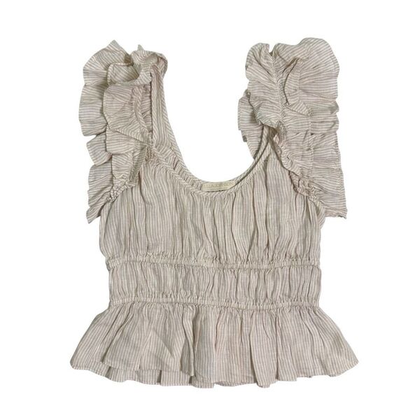 Ulla Johnson Paloma Ruffle Top in Sand Stripe Linen Women’s Size 6 - Picture 3 of 8